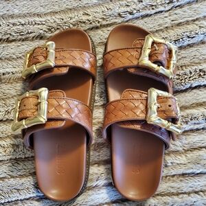 Schutz Enola woven leather sandals with Gold Buckle